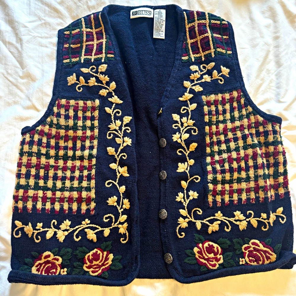 Russi Navy Embroidered Floral Button Front V-Neck Knit Sweater Vest M